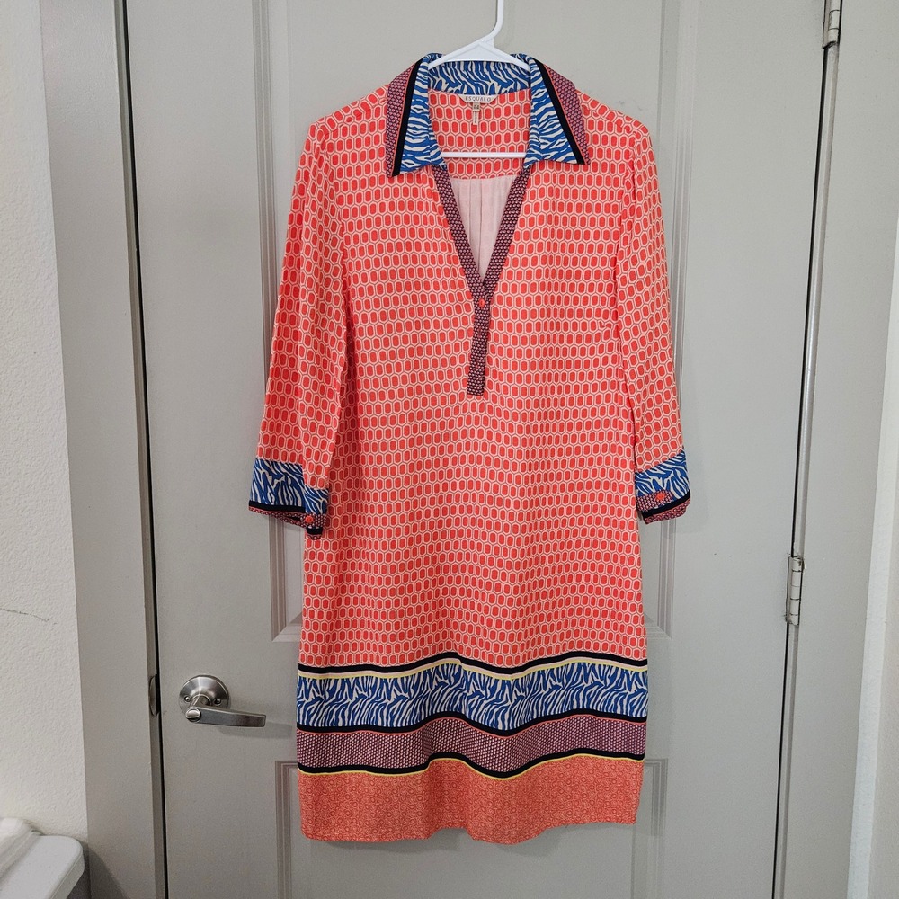 Esqualo Coral Honeycomb Geometric Zebra Print Shift Dress Womens 8 3/4 Sleeve